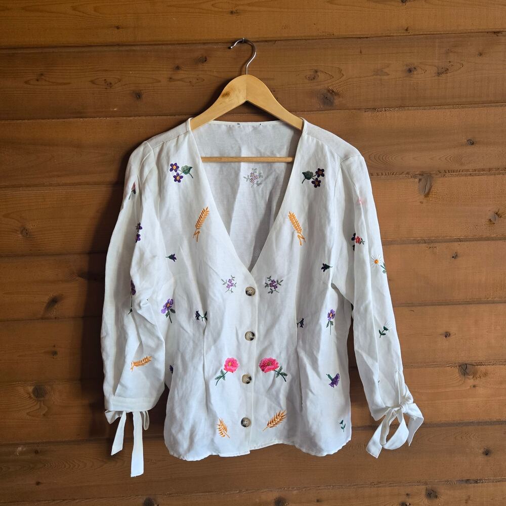 Topshop Floral Top Embroidered Flower Botanical Tie Sleeve Button Down Blouse 12 - Picture 2 of 6